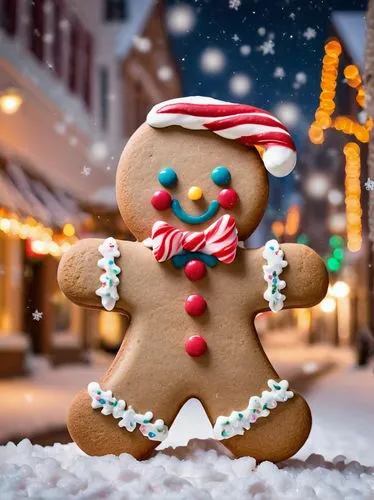 Gingerbread man, sweet facial expression, rosy cheeks, icing hair, candy buttons, colorful gumdrop eyes, white frosting smile, red licorice tie, warm lighting, cozy atmosphere, festive background, Chr