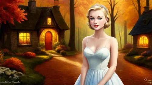 Romantic masterpiece oil painting, cute girl portrait, nostalgic 1950's style kitsch, breathtaking beautiful Autumn woods landscape, mystifying majestic fantasy forest park scenery, hidden medieval co