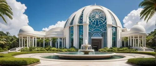 Circular building, futuristic architecture, white marble walls, sleek glass windows, dome-shaped roof, intricate stone carvings, grand entrance with revolving doors, lush greenery surrounding, tropica