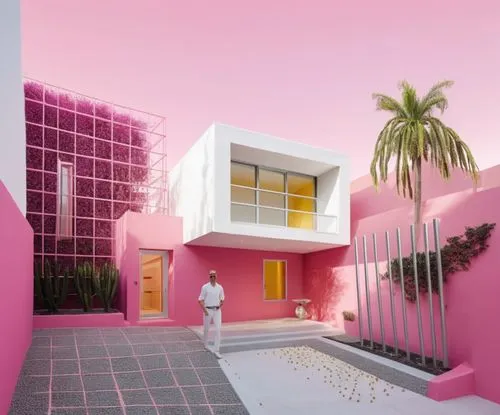 DISEÑO ESTERIOR DE UNA CASA ESTILO MINIMALISTA, USANDO EN UN VOLUMEN EL COLOR ROSA MEXICANO Y EL RESTO EN COLOR BLANCO, CON CANCELES DE ALUMINIO Y CRISTAL TRANSPERENTE, CORRCCION DE ERRORES.,a man sta