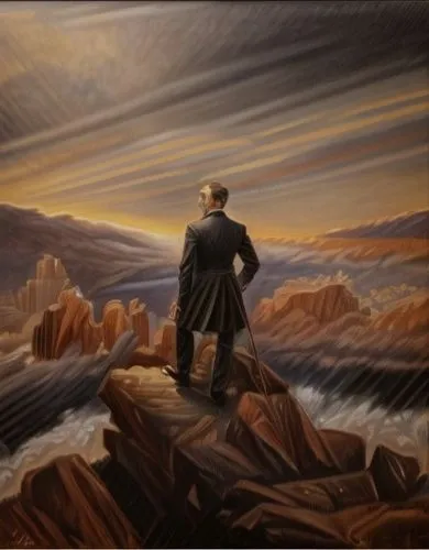 man at the sea,mountain scene,el mar,painting technique,pilgrim,the spirit of the mountains,oil painting on canvas,art painting,surrealism,oil painting,background image,oil on canvas,geological phenomenon,chalk drawing,meticulous painting,landscape background,standing man,guards of the canyon,el salvador dali,man with a computer