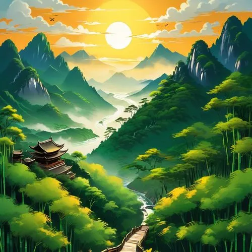 landscape background,mountain scene,mountain landscape,mountain road,cartoon video game background,huangshan,Unique,Design,Sticker