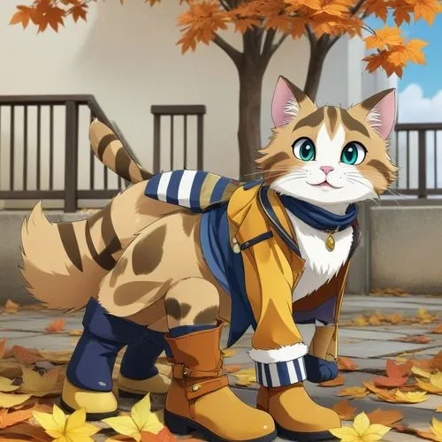 the cute cat is standing on leaves outside,autumn background,fall animals,calico cat,kirara,nya,ninomaru