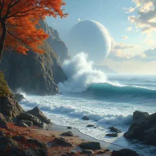 fantasy picture,fantasy landscape,ocean background,seascape,coastal landscape,world digital painting