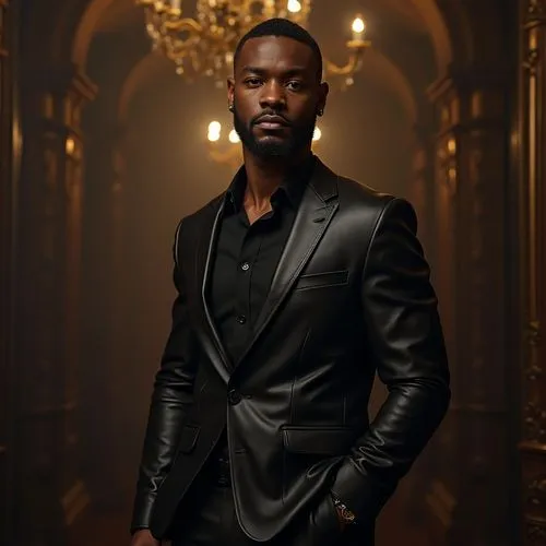 A handsome gay mayor of Philadelphia with a short trimmed beard, black, 30 years old, wearing a leather blazer and leather pants ,An openly gay mayor of Philadelphia ,iyanya,a black man on a suit,adje