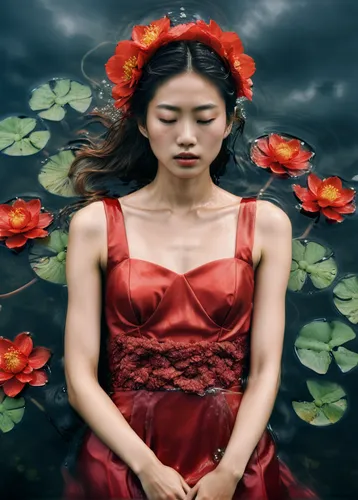 Hyper-realistic portrait for Vogue Japan in the style of Annie Leibovitz. A young japanese model with a red long dress inside the water. A flower covers her eyes. Japan landscape. Cloudy weather, natu