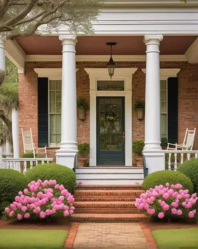 front porch,porch,pinehurst,house with caryatids,exterior decoration,entryway,doll's house,house painting,entryways,doric columns,plantation shutters,reynolda,house entrance,italianate,southfork,beautiful home,pink azaleas,telfair,the threshold of the house,country house,Art,Classical Oil Painting,Classical Oil Painting 44