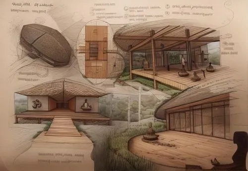 habitaciones,renderings,ecovillages,earthship,school design,tree house hotel,yurts,treehouses,log home,concept art,sketchup,cabins,cohousing,ecovillage,biomes,wooden construction,permaculture,architect plan,longhouse,unbuilt,Common,Common,Natural
