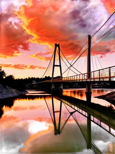 Modern suspension bridge, steel cables, white pillars, river flowing underneath, sunset warm light, dramatic clouds, 3/4 composition, low-angle shot, cinematic lighting, detailed texture, reflective w