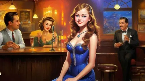 Romantic kitsch masterpiece oil painting, cute girl portrait, lounge singer, classic 1940's style bar, nostalgic retro American vintage scenery, by Thomas Kinkade, high res,barmaid,bartender,barmaids,