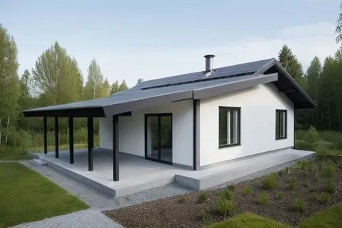 small modern house. The walls are white. Gray roof. There is a forest around the house.,the house is white with a black roof and a black window,3d rendering,inverted cottage,electrohome,passivhaus,ske