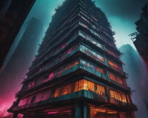 cyberpunk,skyscraper,the skyscraper,apartment block,cybertown,dystopian,high rises,apartment building,cybercity,highrises,metropolis,density,bladerunner,skyscrapers,dystopia,lair,dystopias,urban towers,skyscraping,condos,Illustration,Retro,Retro 14