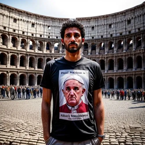 put the pope wearing this t-shirt in front of the colosseum in rome in italy
improve facial features, make them defined,vaticano,rompope,vatican city,vatican,musei vaticani,pope,pope francis,italy col