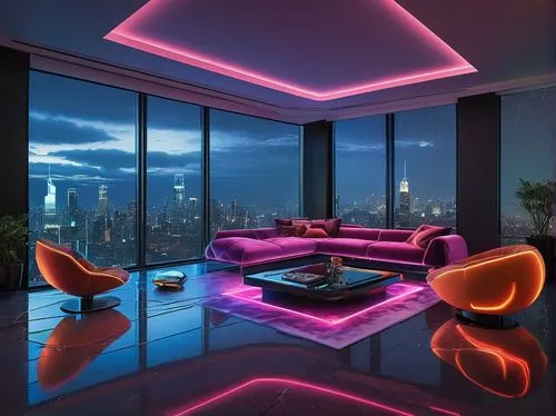 apartment lounge,neon cocktails,penthouses,great room,neon lights,livingroom,sky apartment,neon light,living room,colored lights,modern decor,luxe,chaise lounge,modern room,neon,modern living room,pink chair,neon candies,interior design,skyloft,Illustration,Retro,Retro 14