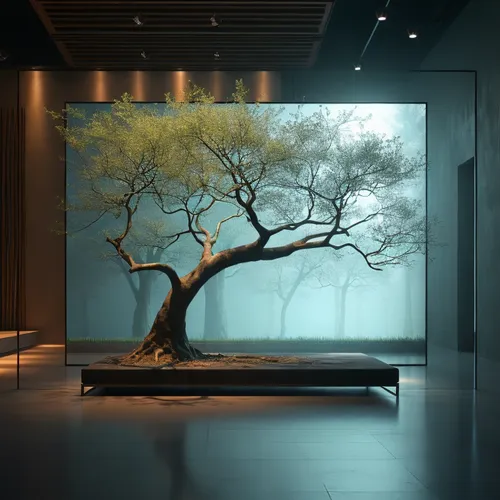 A tree in the middle of the square,the japanese tree,olive tree,glass wall,bonsai tree,japanese zen garden