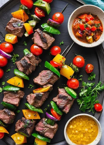 Create a mouthwatering shish kabob with juicy beef, seasoned vegetables, and a hint of Mediterranean spices. Prepare for a flavor explosion!,carne asada,beef grilled,grilled vegetables,sheet pan,fajit