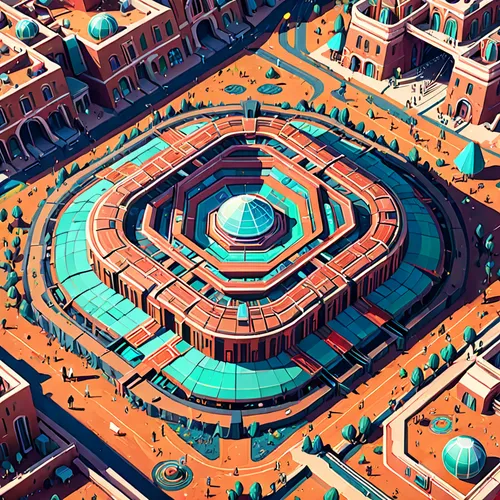 isometric,ancient city,oval forum,terracotta,metropolis,hub,big mosque,panopticon,artificial island,cinema 4d,transport hub,forum,oval,futuristic landscape,roof domes,city blocks,monaco,pink city,marrakech,structures,Anime,Anime,General