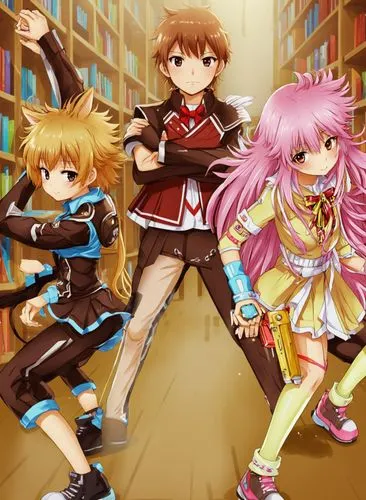 three anime characters are standing in front of bookshelves,mangaverse,kemco,negima,symphonia,megatokyo,schoolchildren,Illustration,Japanese style,Japanese Style 01