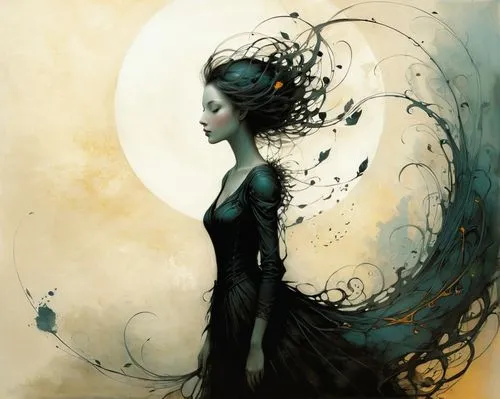 mystical portrait of a girl,woman silhouette,queen of the night,lady of the night,moon phase,fashion illustration,moonflower,transistor,blue moon rose,mourning swan,the enchantress,equilibrium,the snow queen,fantasy art,sorceress,equilibrist,faery,transience,sleepwalker,faerie,Illustration,Realistic Fantasy,Realistic Fantasy 16