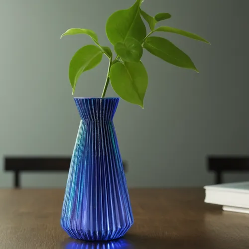 3D printed vase in blue and green iridescent color with a green plant inside. Place a table in a minimalist space with a sale in the background.,stemless gentian,vase,glass vase,flower vase,copper vas