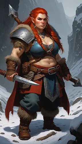 a stocky chubby red head female dwarf, Warcraft style, big long hair, , big sword, standing on a cliff,dwarf sundheim,female warrior,scandia gnome,dwarf,barbarian,dane axe,dwarf cookin,sterntaler,mass