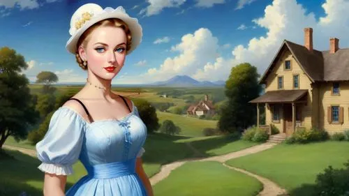 Romantic masterpiece oil painting, beautiful curvy busty woman portrait, silk midwife dress, standing, nostalgic 1950's style kitsch, breathtaking beautiful epic vast American Midwestern landscape, li