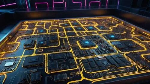 a map in the dark that has some lights on,mazes,circuit board,maze,labyrinths,circuitry,playfield,Photography,General,Sci-Fi