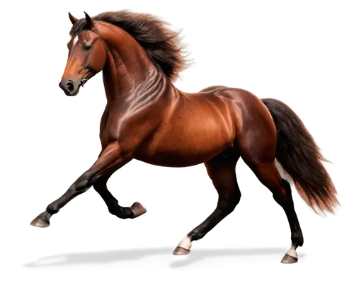 Brown horse, galloping, majestic pose, detailed fur texture, shiny coat, muscular legs, powerful body, freedom concept, open space, soft focus background, warm sunlight, cinematic lighting, 3/4 compos