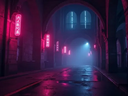 haunted cathedral,vapor,neon arrows,noir,passage,eerie,alley,alleyway,corridors,neon lights,soir,cyberpunk,ominous,neons,nacht,neon ghosts,theed,aesthetic,oscura,arcade,Photography,General,Realistic