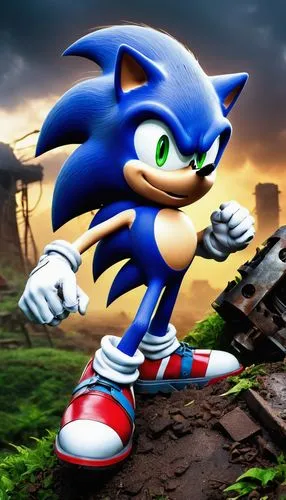 Sonic the Hedgehog, cursed, corrupted, dark aura, glowing red eyes, spiky blue quills, torn white gloves, ripped shoes, chaotic background, destroyed Green Hill Zone, twisted metal debris, eerie fog, 