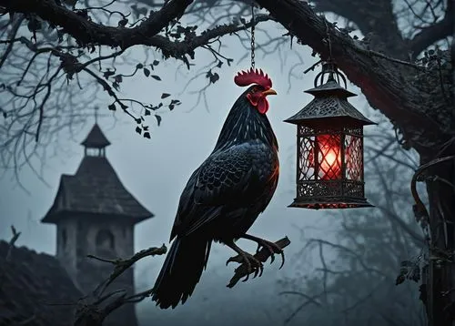 Evil chicken, laying eggs, dark feathers, glowing red eyes, sharp beak, spooky atmosphere, old abandoned farm, broken fences, overgrown with weeds, a single dim lantern hanging from a tree branch, mis