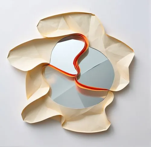 A mirror art made of organic shape against a white background ,two mirrors sit on top of a decorative object,paper ball,temporomandibular,paper umbrella,circular puzzle,folded paper,medical mask,Uniqu