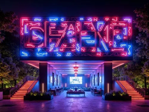 Neon-lit nightclub facade, futuristic LED lights, dynamic patterns, metallic surfaces, angular lines, bold typography, vibrant color scheme, strobe lights, fog machines, DJ booth, luxurious VIP areas,