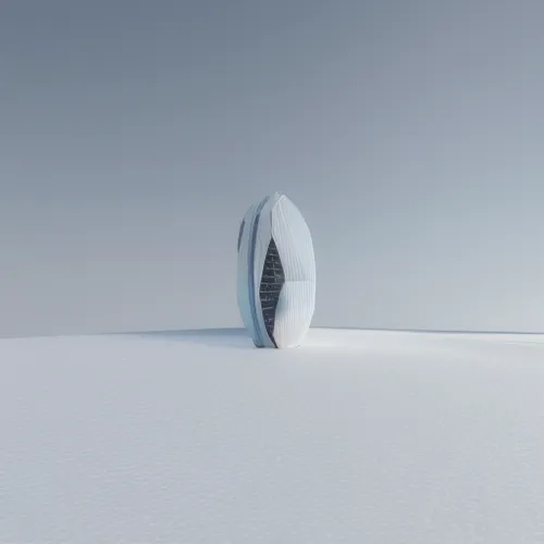 Futuristic abstract structure in the middle of tall snowy mountains peaks surrounded by tall coniferous trees. Realistic 3d Render lumion style ,mechanical fan,air purifier,computer speaker,air vent,c