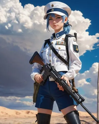 military girl, anime style, 18yo, short blue hair, ponytail, blue eyes, gentle smile, white military hat, camouflage uniform, silver badges, black boots, holding rifle, standing, desert background, su