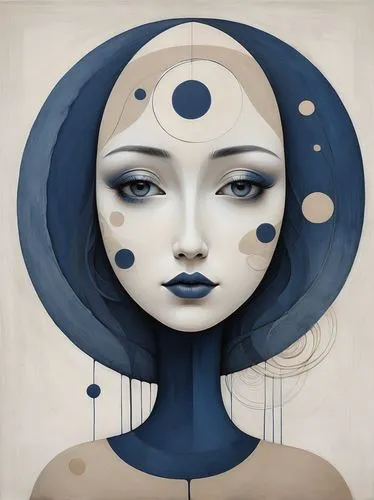 viveros,art deco woman,yinyang,duenas,equilibria,blue spheres,Illustration,Realistic Fantasy,Realistic Fantasy 17