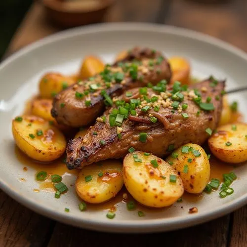 veal steak,rosemary potatoes,boeuf,duboeuf,baked meat and potatoes,poimboeuf