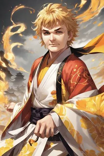 Adult man,the king is wearing a yellow and red robe with a sword in his hand,flame spirit,reinhard,yang,sanzo,owain,gintama,gilgamesh,amakusa,kazama,yushenkov,wukong,masanobu,zhuge,shirou,shinsengumi,