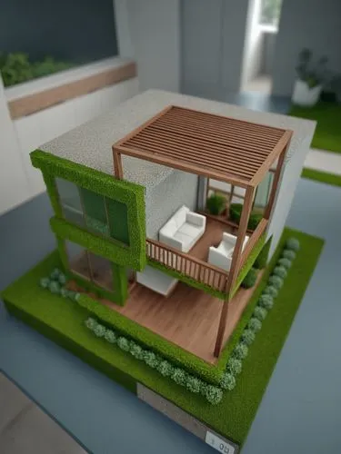 conservar la volumetria, cambiar lo verde por vegetacion, mejorar las texturas de los materiales hacerlo mas realistas,a dollhouse with lawn and green grass on top,3d rendering,miniature house,3d rend