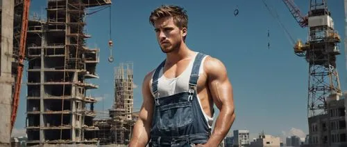 Worker, male, muscular build, (25yo), serious facial expression, sweat droplets, messy short hair, worn denim overalls, white tank top, rugged boots, tool belt, holding a wrench, standing, constructio