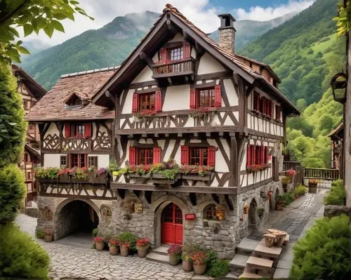 Basque architecture, chalet-style building, wooden beams, stone walls, steeply pitched roof, red-tiled, half-timbered, ornate carvings, arched windows, heavy wooden doors, flower-filled window boxes, 