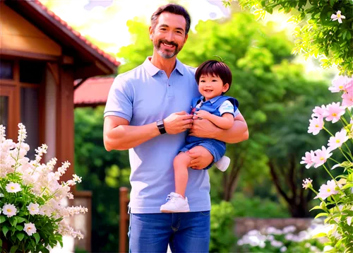 Happy Father's Day, smiling middle-aged man, casual wear, polo shirt, denim pants, sneakers, holding baby, gentle facial expression, soft focus, warm lighting, shallow depth of field, 3/4 composition,