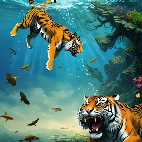 tigers,tigershark,tiger,bengal tiger,deep zoo,tigerish,tigerfish,tigert,tigerle,a tiger,underwater background,asian tiger,tigor,animals hunting,world digital painting,aquarium inhabitants,sunderbans,tigris,tigernach,tigermania,Illustration,Children,Children 06