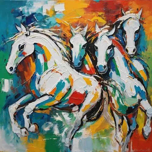 white horses,painted horse,chevaux,colorful horse,horses,racehorses,Conceptual Art,Oil color,Oil Color 20