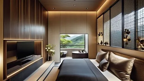 japanese-style room,modern room,luxury bathroom,bamboo curtain,interior modern design,contemporary decor,Photography,General,Realistic