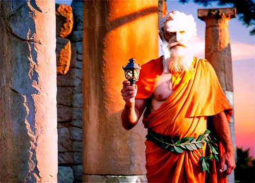 Enlightenment image, ancient Greek philosopher, old man, long white beard, wise eyes, worn toga, laurel wreath, holding a lantern, standing in front of a stone column, warm sunset lighting, 3/4 compos