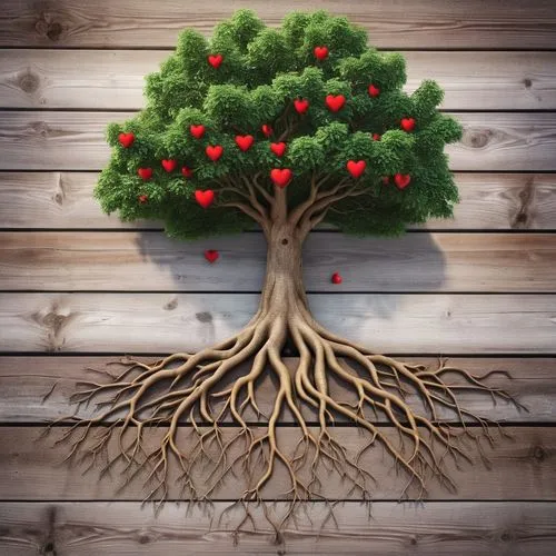 Rooted tree with hearts ,a tree with some red hearts on its roots,potted tree,tree heart,strawberry tree,apfelbaum,flourishing tree,bierenbaum,Photography,General,Realistic