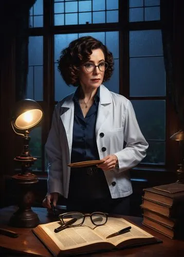 Dr. Orchid Clue, mature lady, detective, solo, (40yo), curly brown hair, glasses with thick frame, elegant makeup, white lab coat, blue blouse, black high-waisted pants, black heels, holding magnifyin