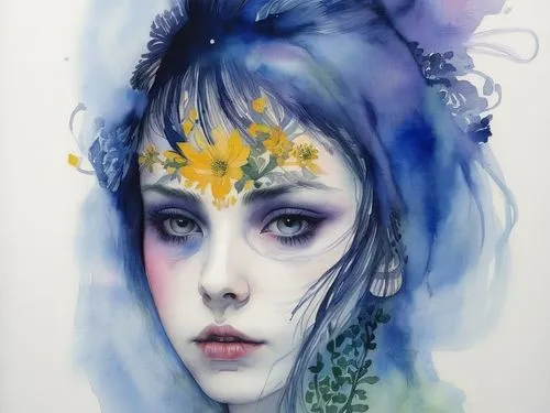 watercolor blue,fantasy portrait,faerie,faery,mystical portrait of a girl,elven flower,water nymph,amano,watercolor mermaid,watercolor painting,grape-hyacinth,watercolor,bluebell,watercolor paint,blue enchantress,fairy queen,delphinium,blue rose,watercolor pencils,girl in flowers,Illustration,Paper based,Paper Based 20