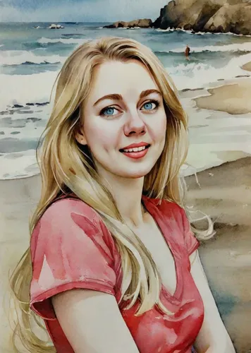 Blonde young woman on the sea beach on a sunny day.,beach background,the blonde in the river,watercolor background,oil painting,watercolor painting,photo painting,girl on the river,blonde woman,oil pa